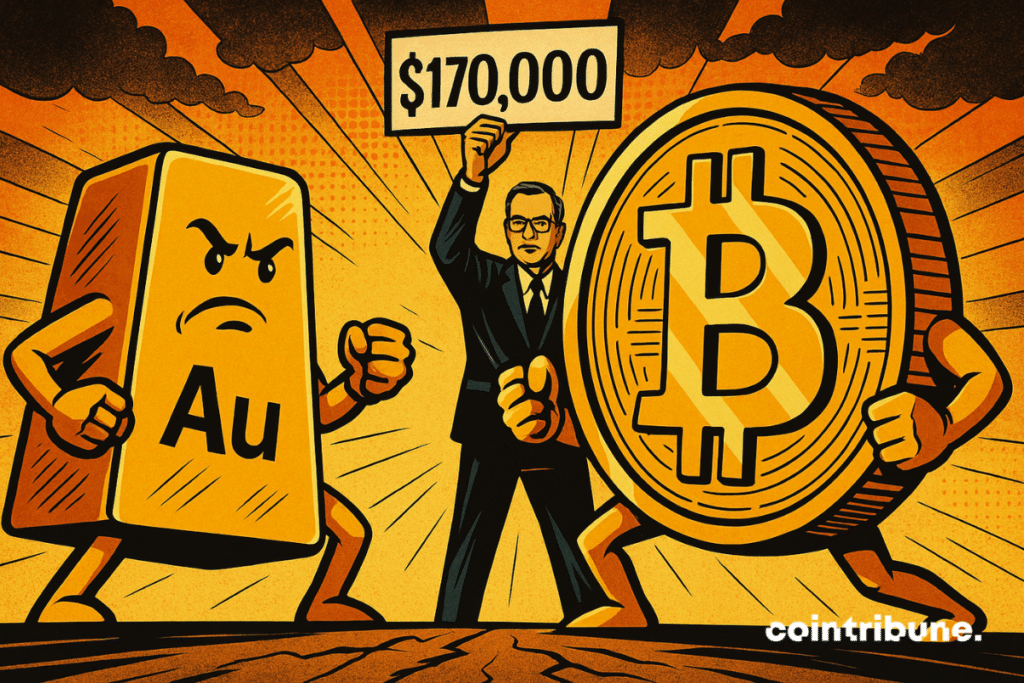 A duel between a gold bar and a giant Bitcoin coin.