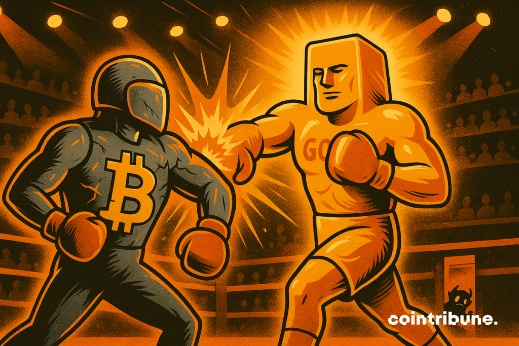 Un Bitcoin humanoïde et un lingot d’or géant s’affrontent comme dans un combat de boxe.