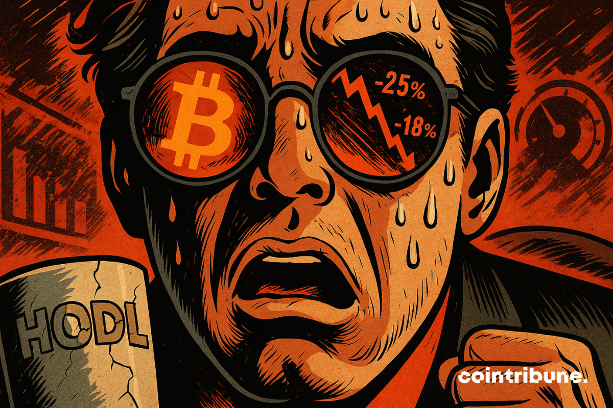 Le visage d’un investisseur dont le regard est figé dans la panique et la peur. Dans chaque verre de ses lunettes, on distingue le reflet d’un écran rouge : le logo du Bitcoin et un graphique qui plonge verticalement, avec des pourcentages rouges (-25 %, -18 %).