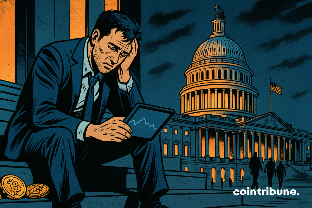 A trader sitting on the steps of a building, head down, holding a tablet displaying a flat chart symbolizing Bitcoin's price stagnation after the shutdown.