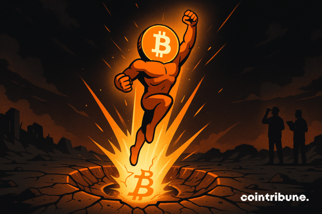 Bitcoin is bouncing back like a superhero from a crater, symbolizing its recovery.