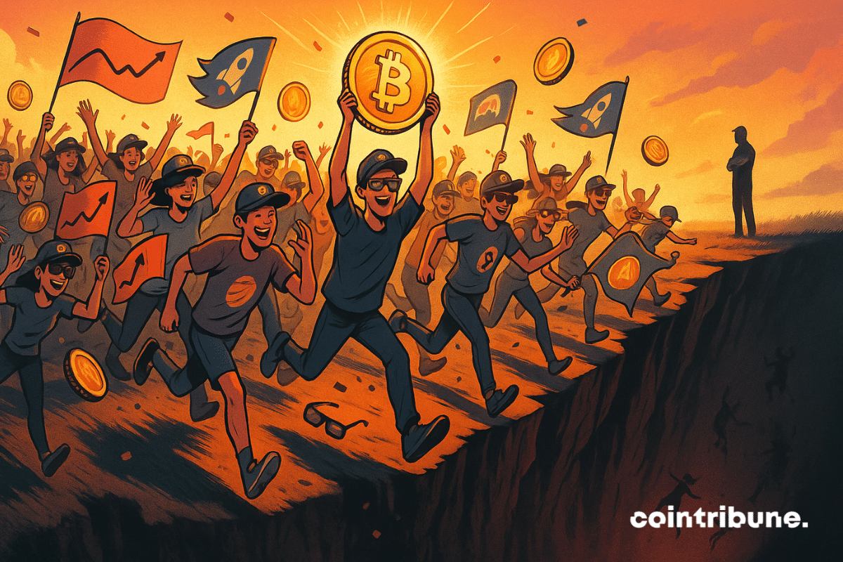 Une foule en liesse qui court ou danse vers le bord d’une falaise, sans remarquer le vide imminent. Un fêtard brandit un Bitcoin géant lumineux au-dessus de sa tête comme un trophée.