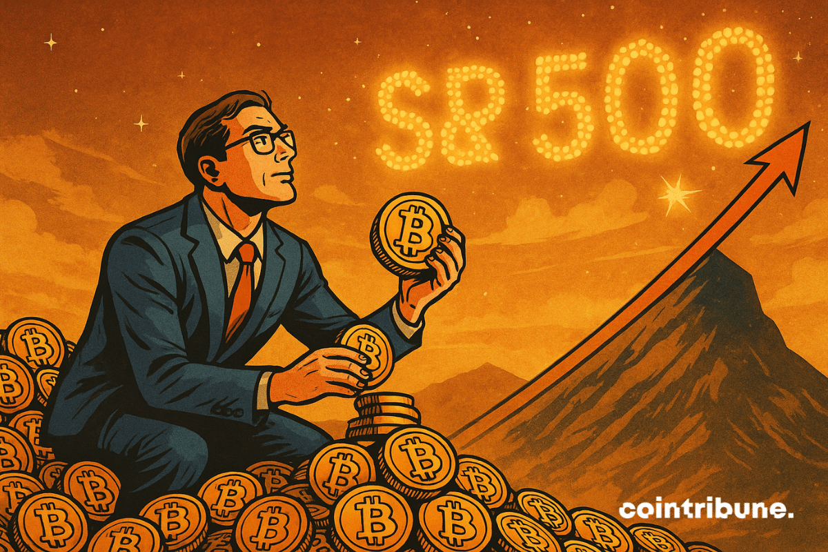 Un homme en costume avec des lunettes de vision stratégique empile des Bitcoins à la base d’une montagne. Au sommet, un mirage brille avec « S&P 500 », ce qui symbolise l’intégration prochaine de Strategy dans cet indice boursier.