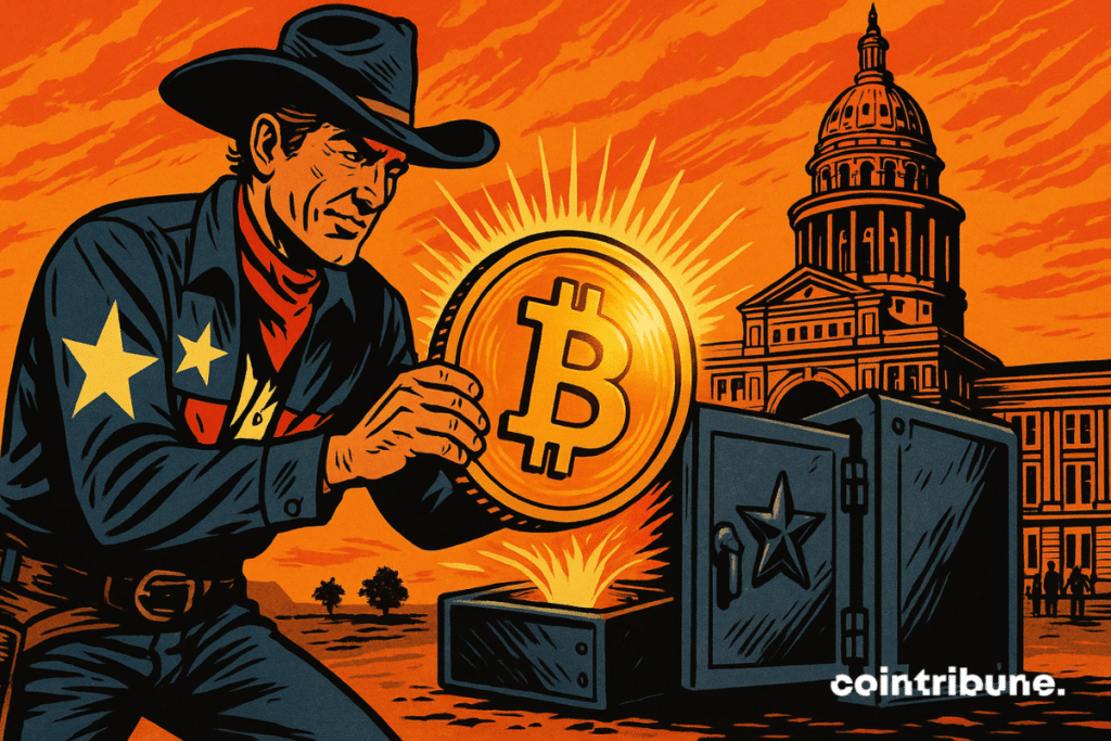 Un cowboy du Texas dépose une pièce Bitcoin géante dans un coffre-fort d’État.