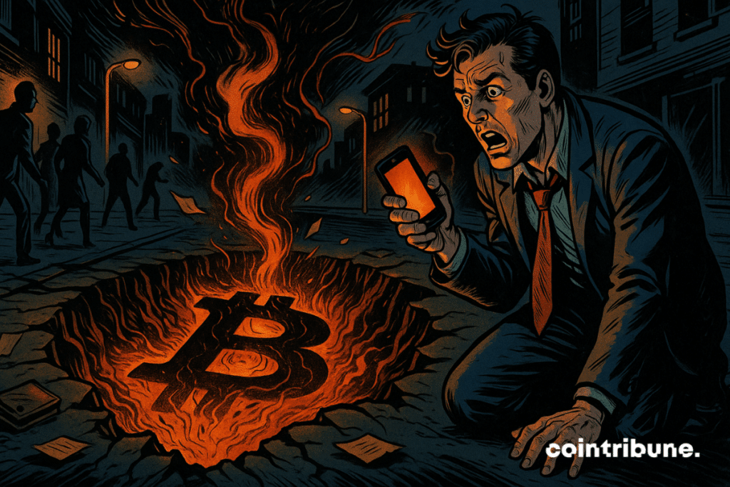 Un trader à genoux au bord d’un gouffre qui s’est ouvert dans la rue. Il observe le logo du Bitcoin en feu dans le cratère.