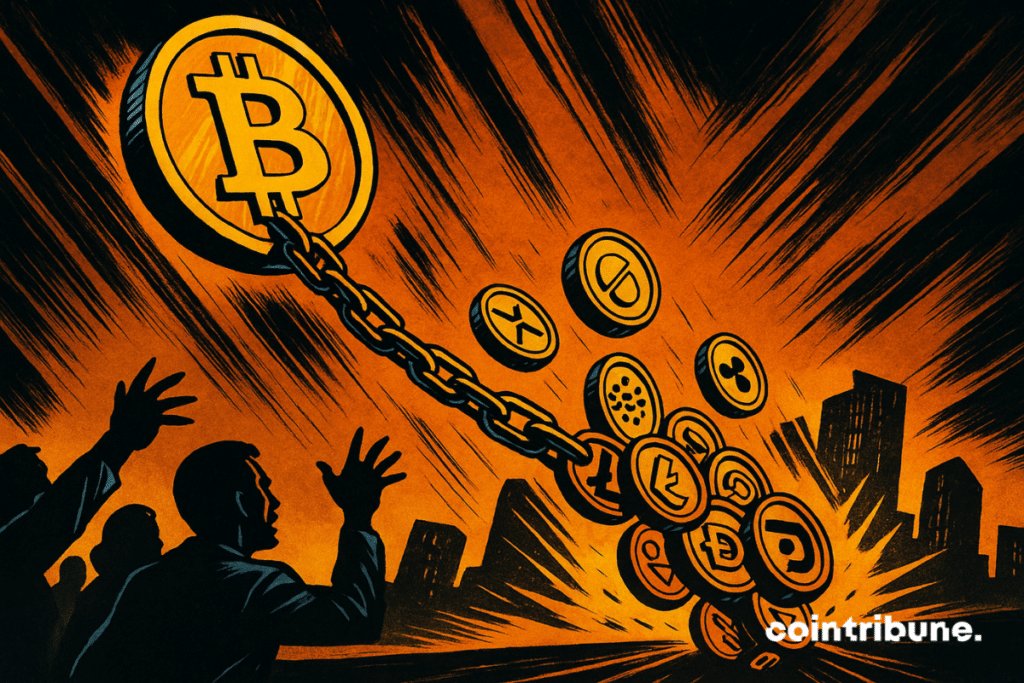 Um Bitcoin gigante acorrentada a moedas criptográficas menores as arrasta para baixo, enquanto figuras em silhueta observam em uma cena dramática de quadrinhos iluminada por luzes alaranjadas.