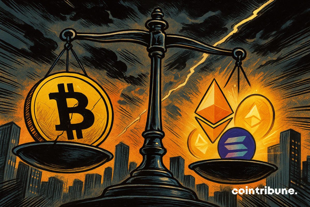 Illustration de style bande dessinée représentant une balance sous un ciel orange orageux, où une pièce Bitcoin fissurée s'enfonce d'un côté tandis que des altcoins brillantes comme Ethereum et Solana s'élèvent de l'autre.