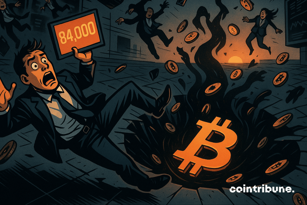 Un trader paniqué tombe à la renverse alors qu'un vortex noir aspire un symbole Bitcoin géant et lumineux.