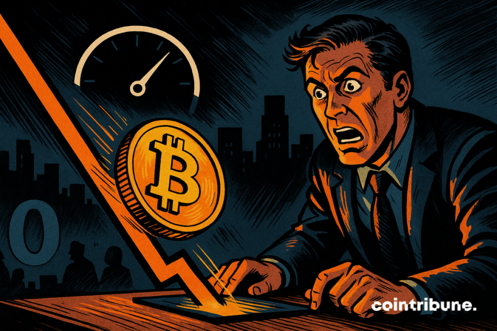 A frightened trader watches a large Bitcoin coin slide down a steep orange line as a fear gauge points to zero in a dramatic comic-style scene.