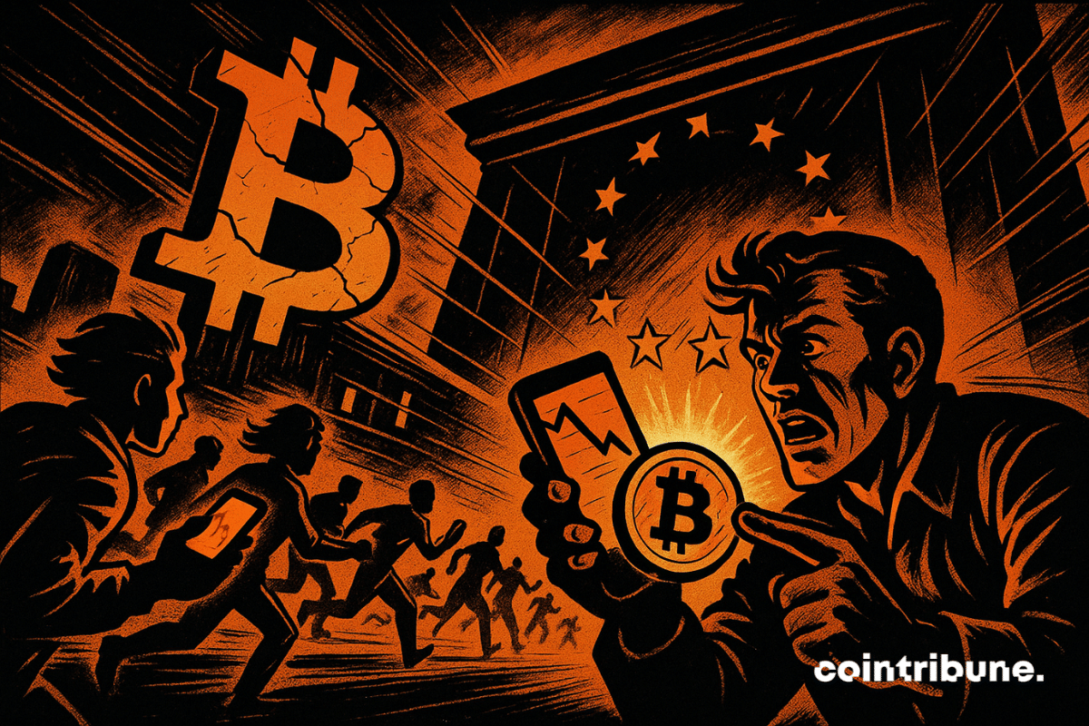 Les investisseurs fuient un immeuble Bitcoin en ruine tandis qu'un homme paniqué regarde son téléphone affichant une chute brutale des cours, dans un style dramatique inspiré des bandes dessinées, éclairé d'une lumière orange.