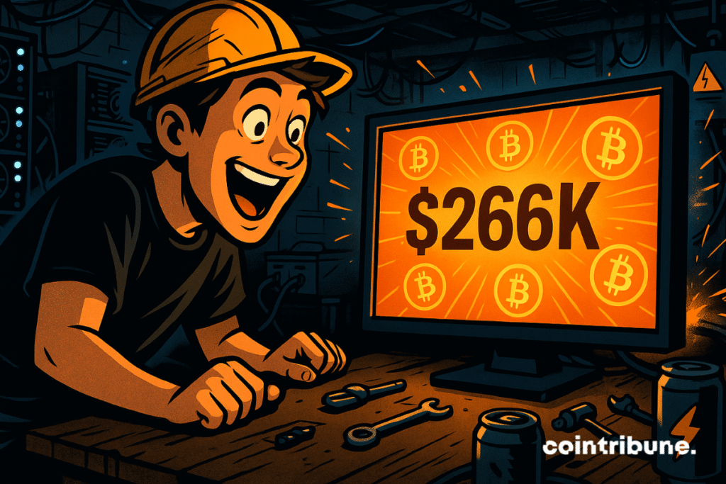 Un jeune mineur crypto célèbre dans un sous-sol sombre tandis qu’un écran affiche un jackpot Bitcoin à 266 000 $.