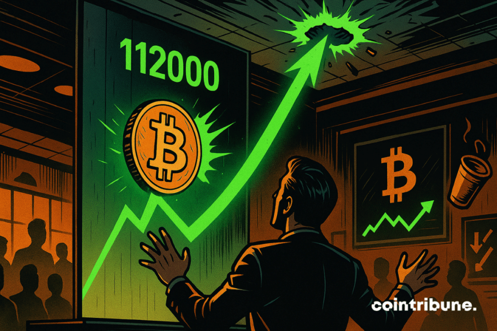 A stunned investor watches a green curve pierce through the ceiling, with “112000” at the top.