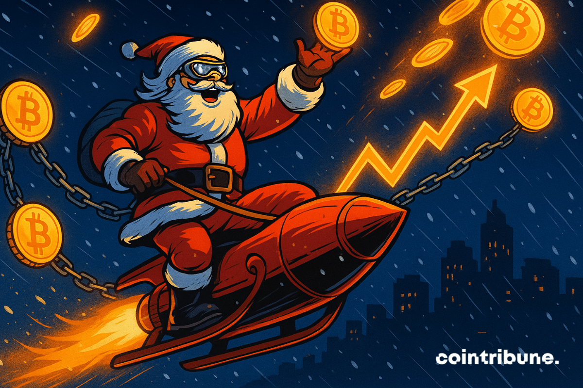 Santa on a rocket sleigh powered by Bitcoin, tossing coins into the sky over a city.