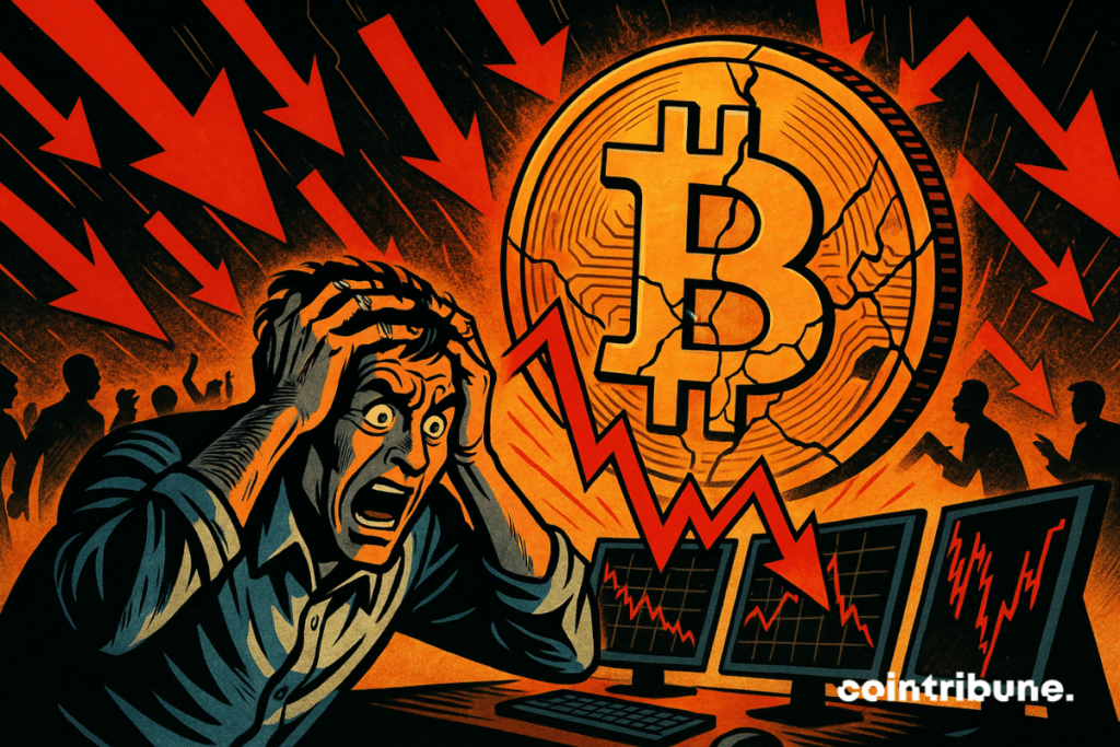 A panicked trader grabs his head as a giant cracked Bitcoin sinks amid red downward arrows and falling market charts in a dramatic comic-book style.