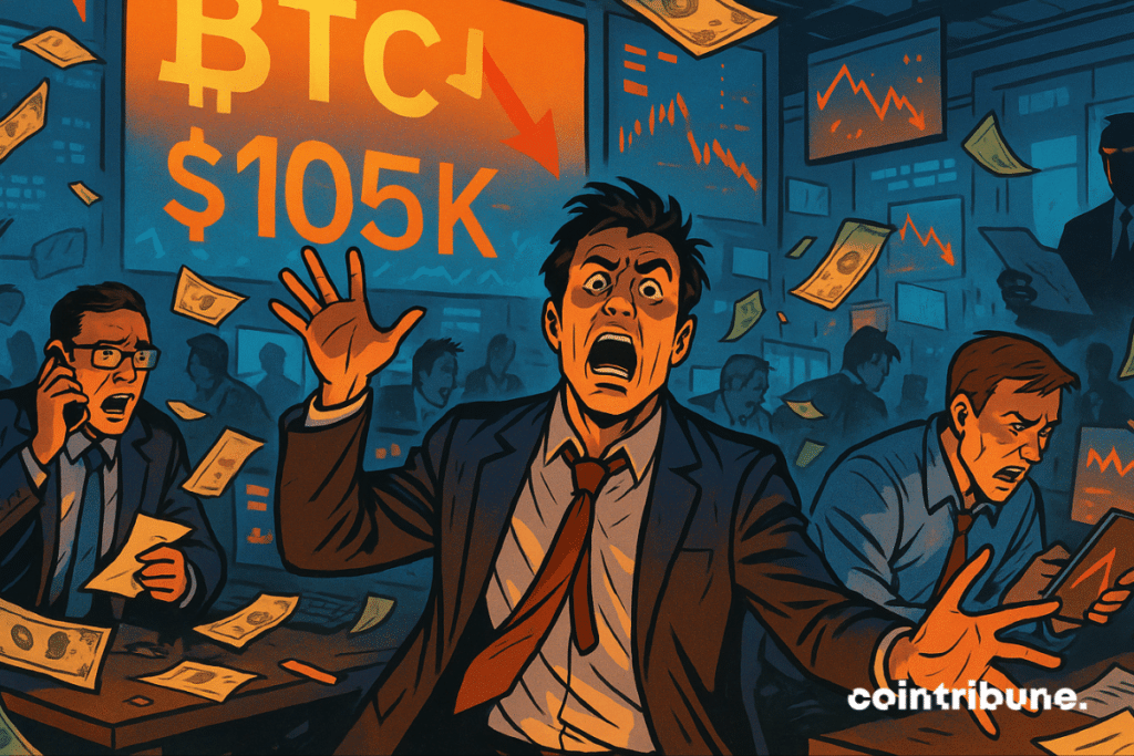 Scène caricaturale montrant des traders paniqués réagissant à la stagnation du Bitcoin sous la barre des 105 000 dollars dans la salle des marchés.