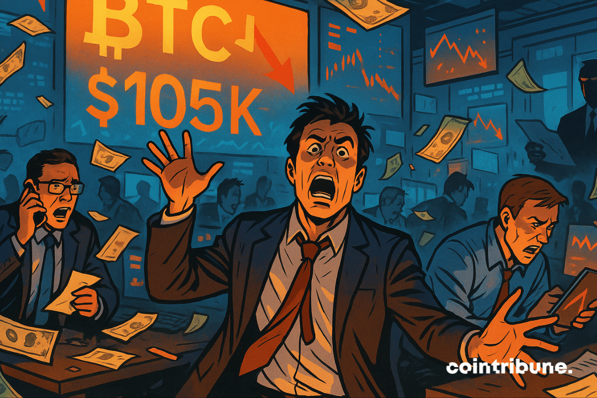 Scène caricaturale montrant des traders paniqués réagissant à la stagnation du Bitcoin sous la barre des 105 000 dollars dans la salle des marchés.