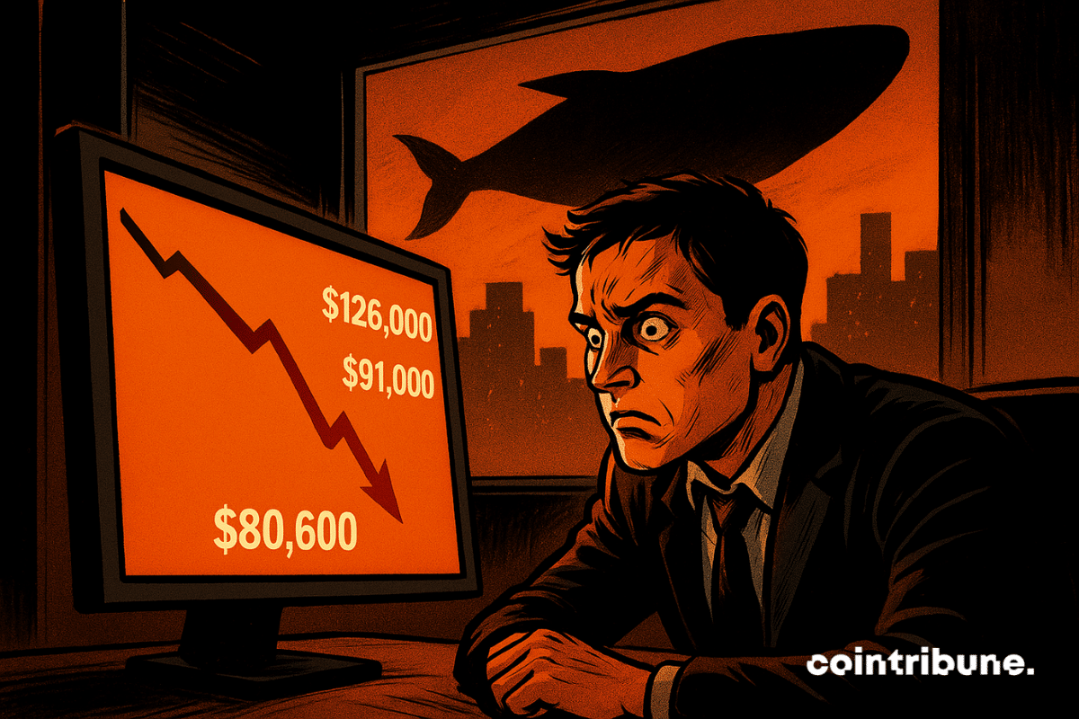 A tense trader stares at a red screen showing a market drop with the numbers 126,000, 91,000, and 80,600, while the silhouette of a whale looms menacingly outside the window.