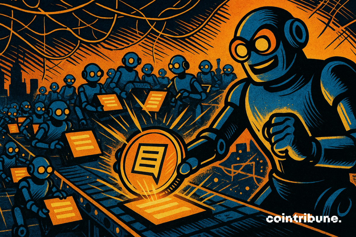 Un gran robot supervisa una cadena de montaje de robots más pequeños que producen rápidamente mosaicos de contenido digital brillante en una espectacular escena de estilo cómic.