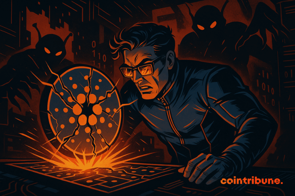 A tense engineer faces a digital breach, while menacing shadows loom behind a cracked Cardano logo.