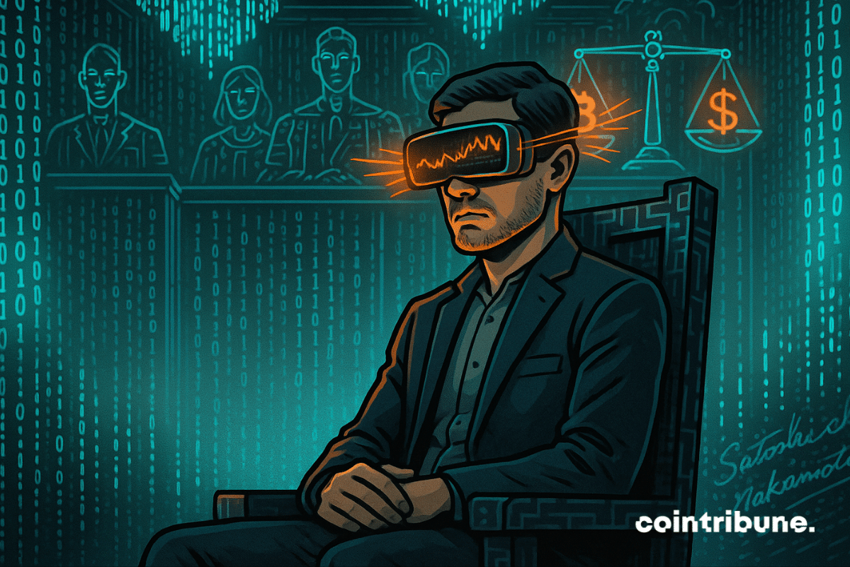 Man with VR headset in a digital courtroom judged by AI figures, symbolizing CFTC crypto trial.