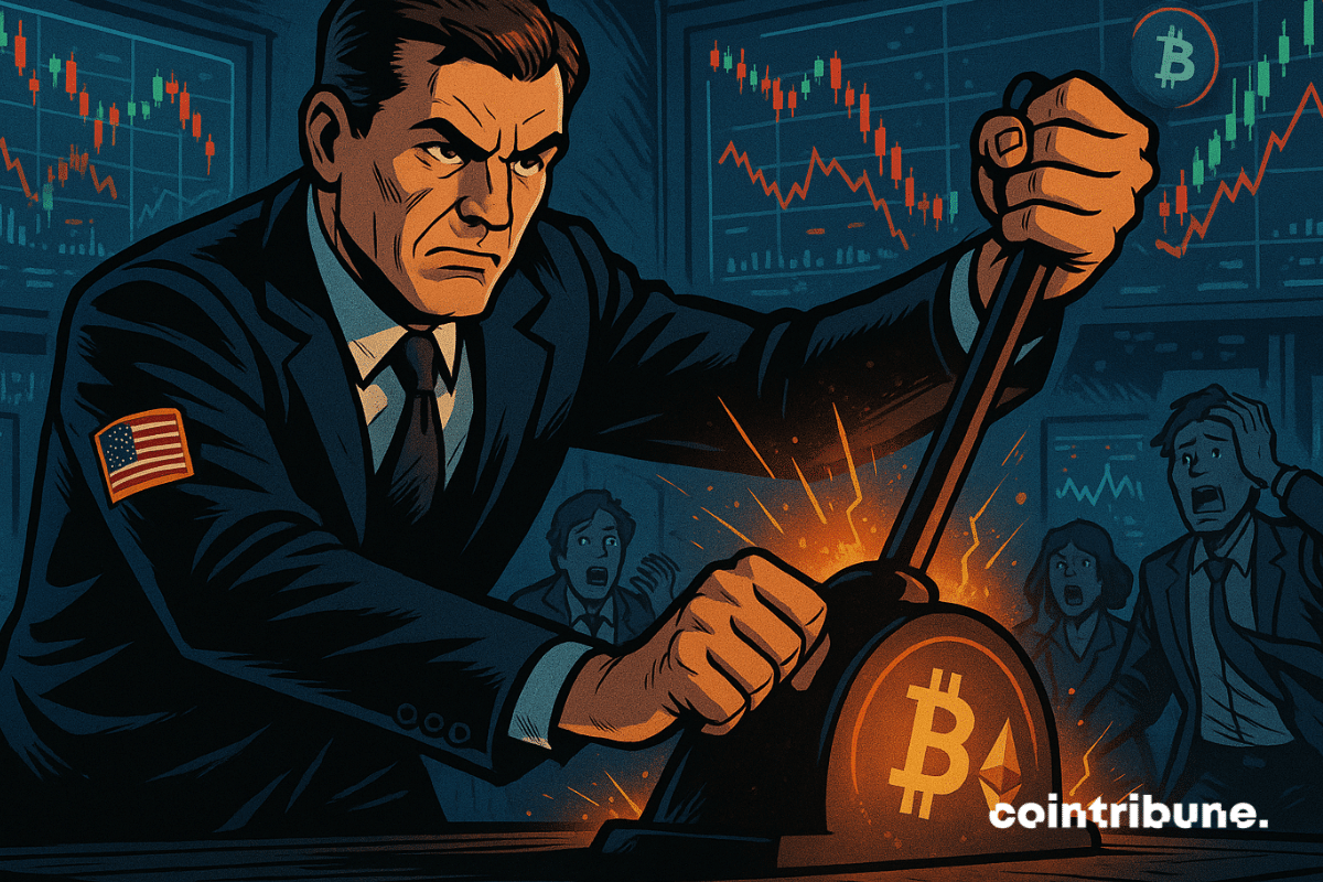 CFTC agent pulls lever to control volatile crypto market in comic-style trading room scene.