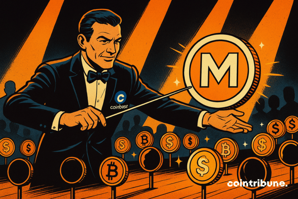 Un chef d’orchestre charismatique dirige des jetons lumineux sur scène, avec un énorme token "Monad" au centre.