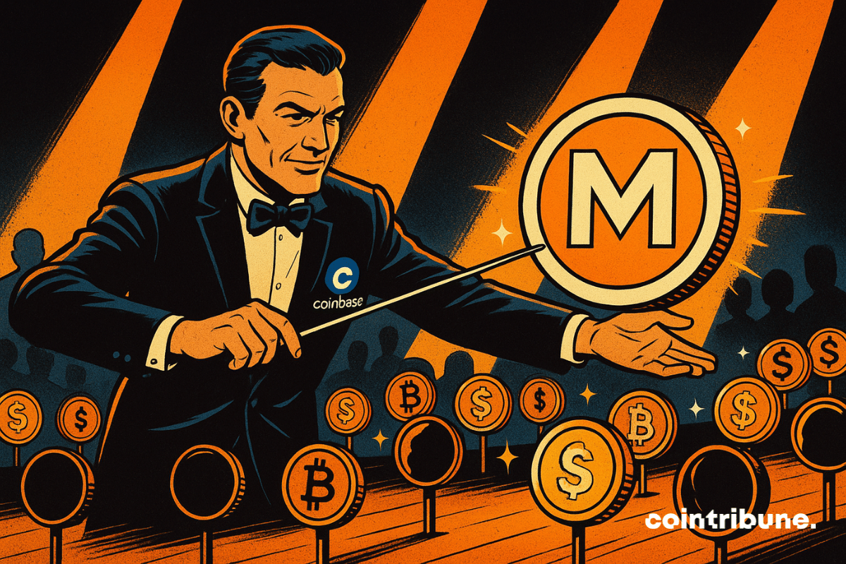 Un carismático director de orquesta dirige tokens resplandecientes en el escenario, con un enorme token «Mónada» en el centro.