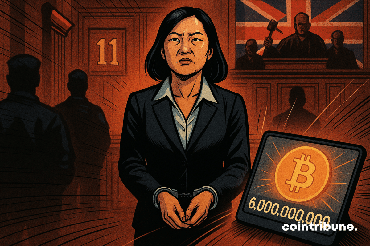 Femme menottée au centre d’un tribunal, expression tendue, juge en arrière-plan, drapeau britannique, écran affichant 6 milliards.