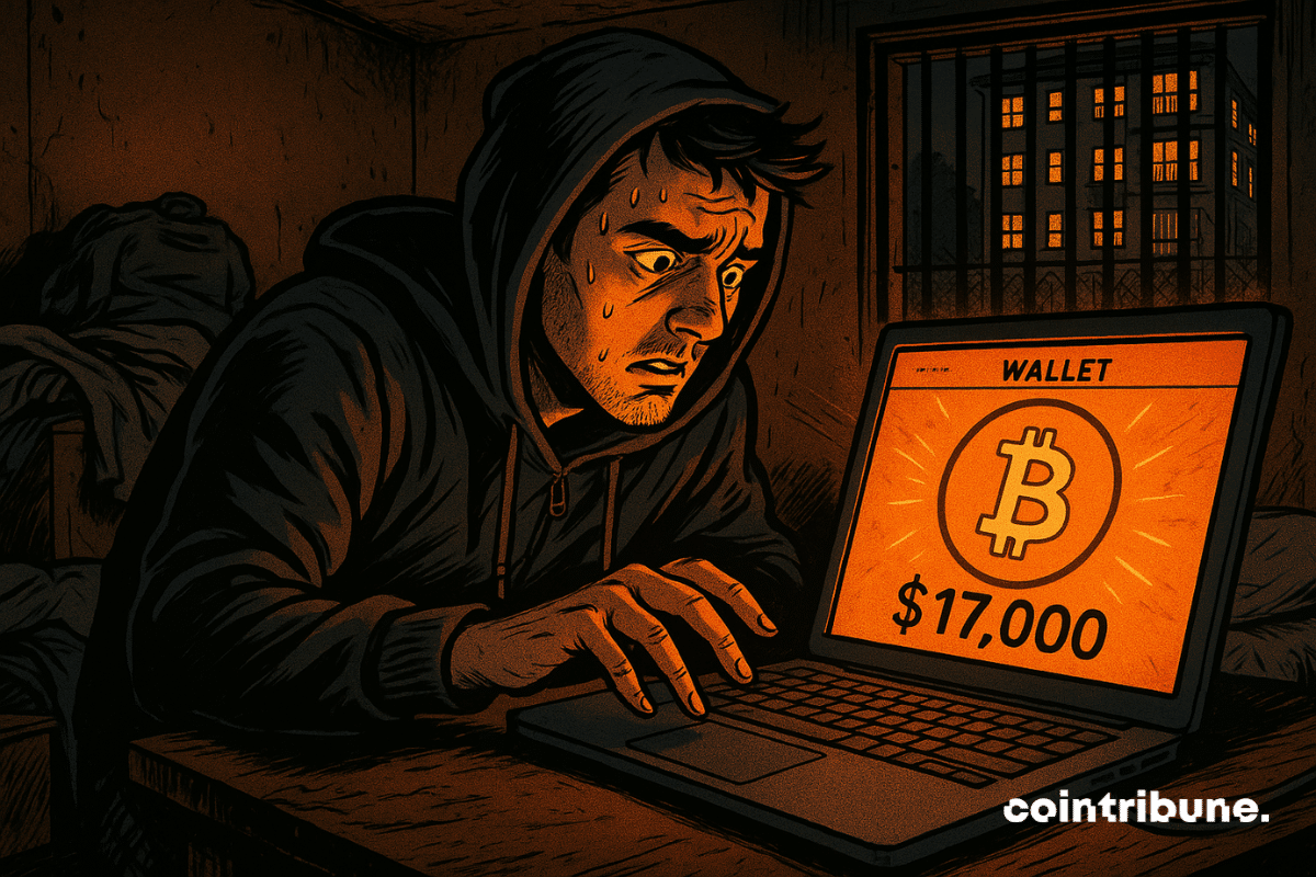 Um jovem ansioso se prepara para clicar, iluminado pela tela que exibe uma carteira Bitcoin, em um quarto escuro.