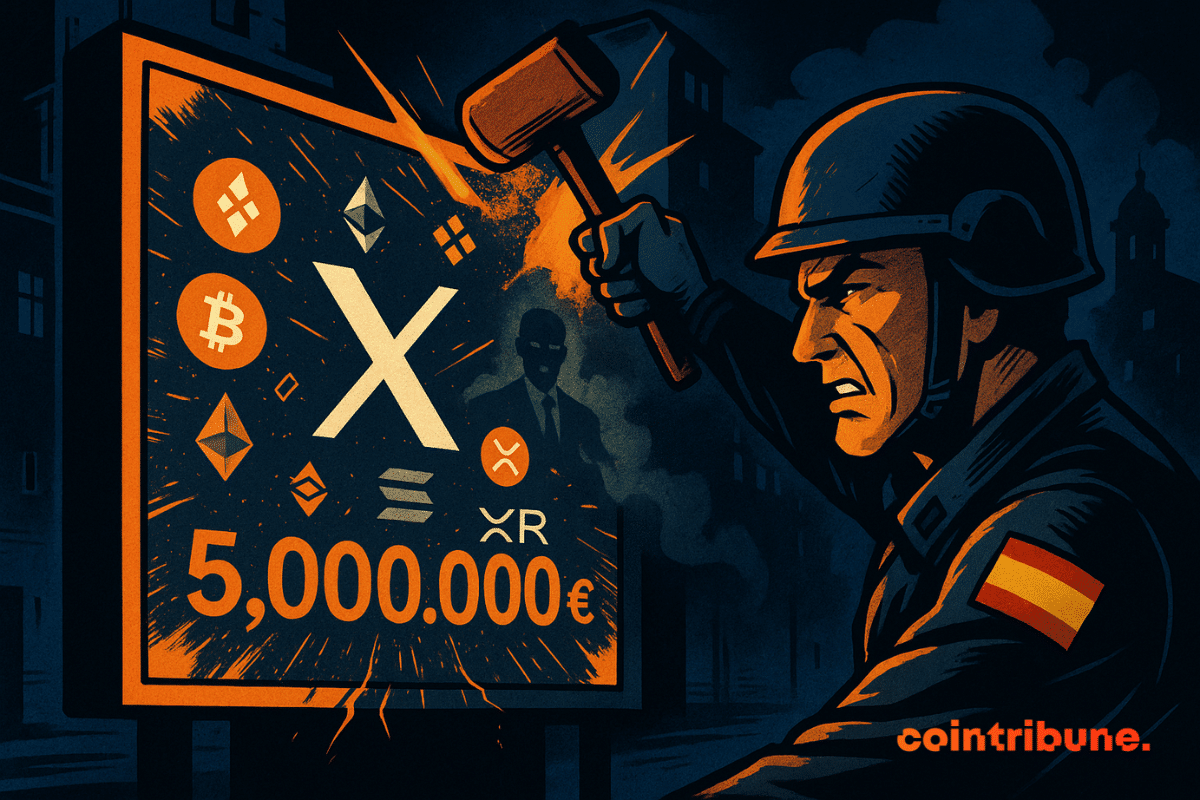 A Spanish soldier smashes a crypto advertisement on a light screen, revealing a giant fine of €5 million.