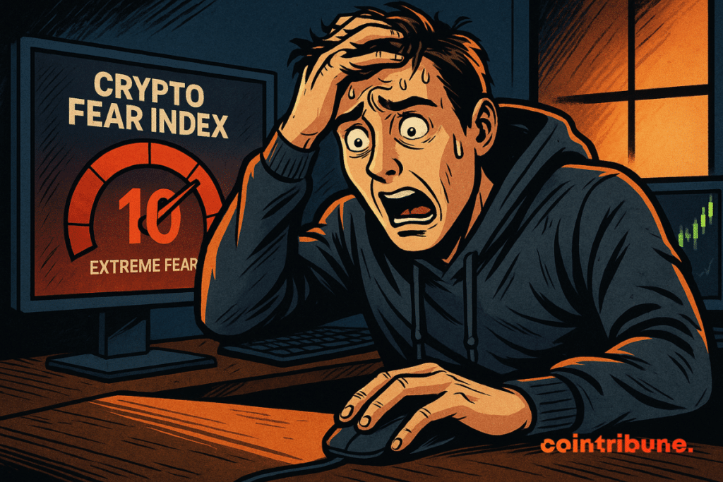 Un jeune trader paniqué fixe son écran, suant de stress, alors que les indicateurs crypto affichent une peur extrême.