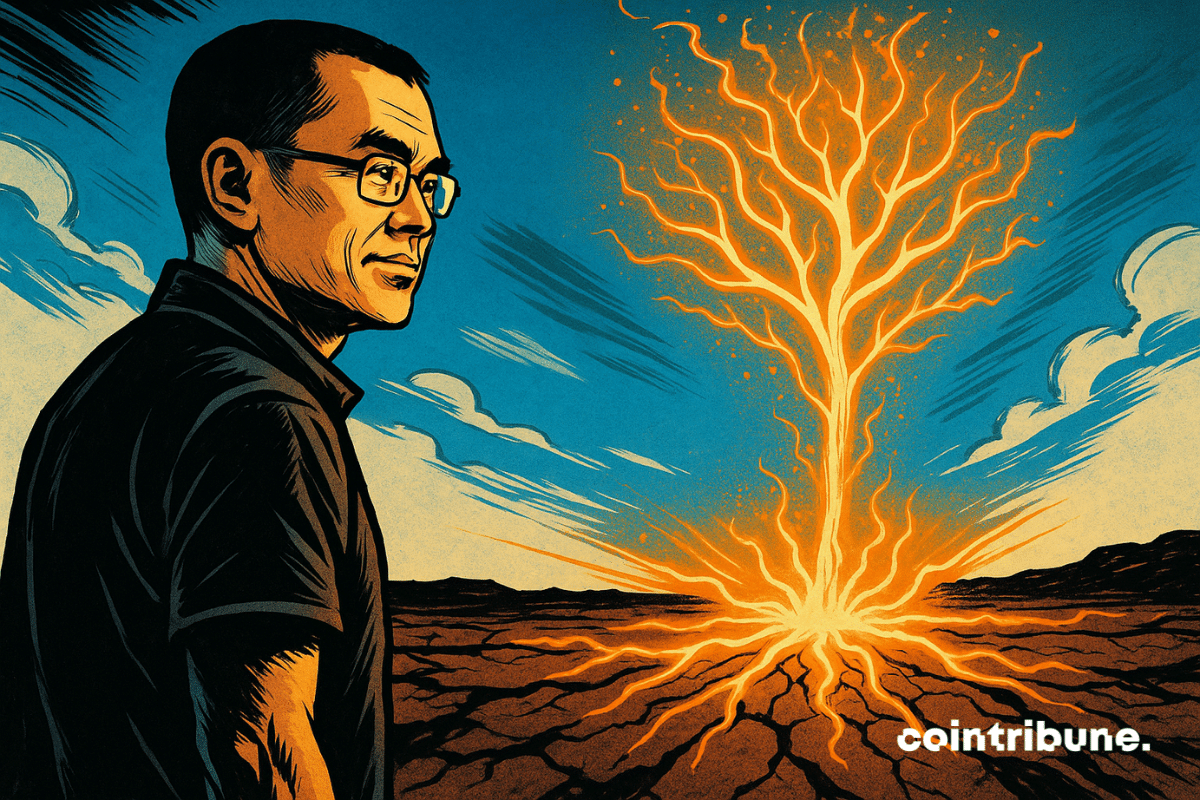 Une illustration de style bande dessinée représentant Changpeng Zhao debout, confiant, sur un sol fissuré, observant un arbre énergétique orange vif s'élever dans un ciel bleu éclatant.