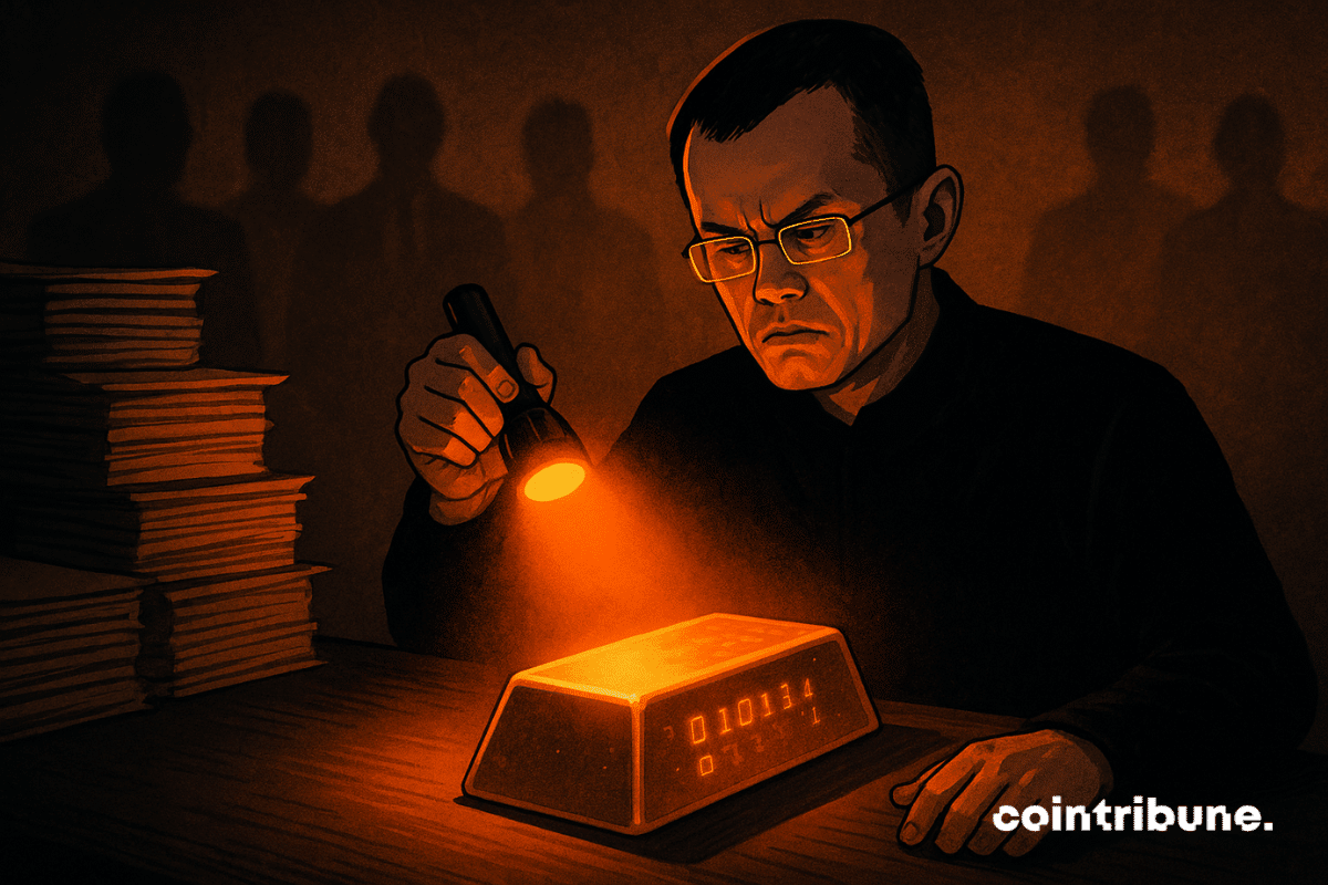 A man resembling CZ examines a glowing gold bar with a flashlight in a dark room surrounded by stacks of papers and shadowy figures.