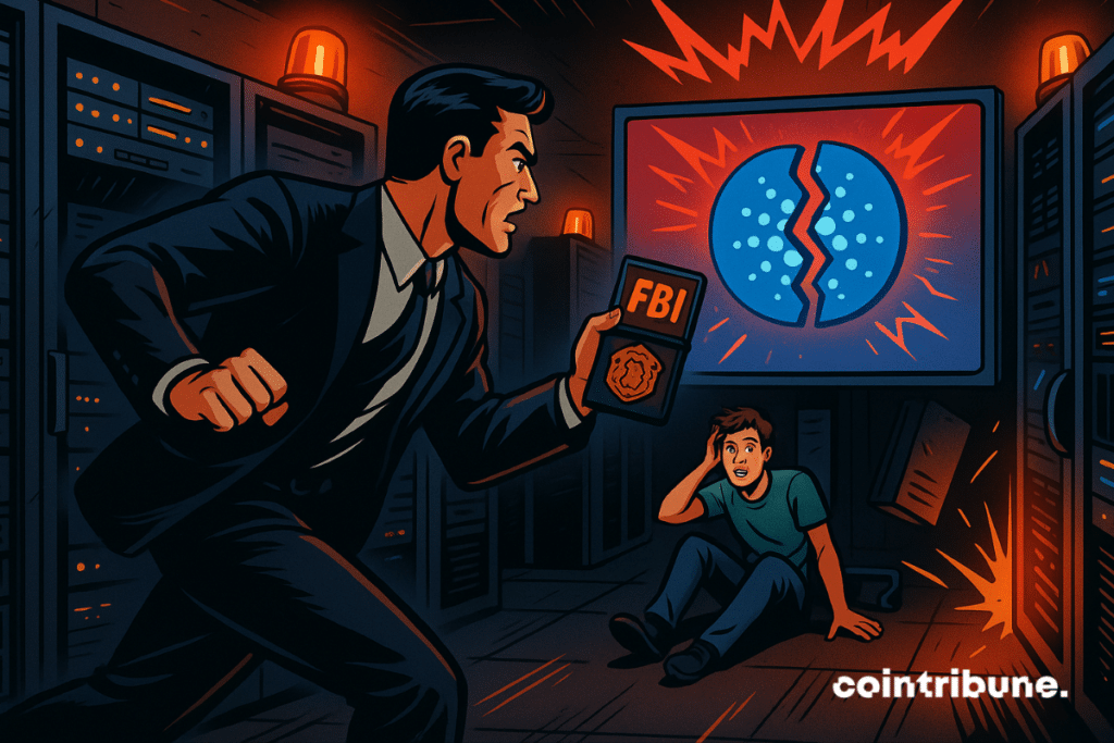FBI agent confronts distressed developer in server room as Cardano logo splits on screen.