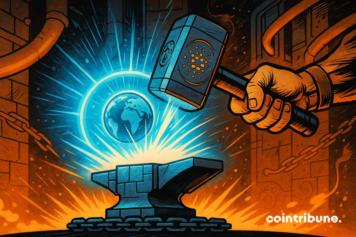 Un yunque formado por bloques digitales reposa sobre una base de cadena de bloques. Una mano poderosa golpea el yunque con un martillo grabado con el logo de Cardano. En el impacto, se libera una onda de energía circular que se transforma visualmente en un escudo digital translúcido, simbolizando la actualización Phalanx.