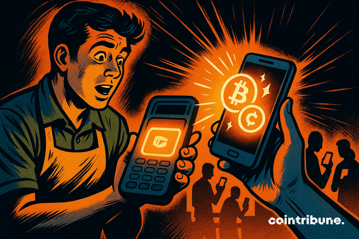 Un caissier surpris tient un terminal de paiement tandis que le téléphone d'un client s'illumine de symboles Bitcoin et stablecoin dans un style rétro inspiré des bandes dessinées.