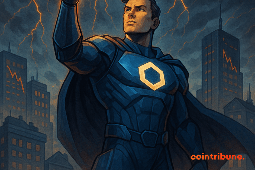 A futuristic hero wields the glowing Chainlink symbol, overlooking a city in crisis connected to RWAs.