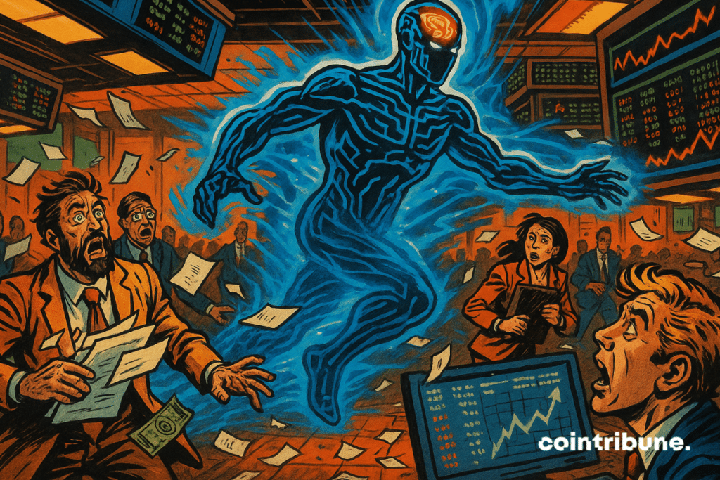 Futuristic AI figure disrupts a chaotic stock exchange floor, symbolizing ChatGPT’s impact.