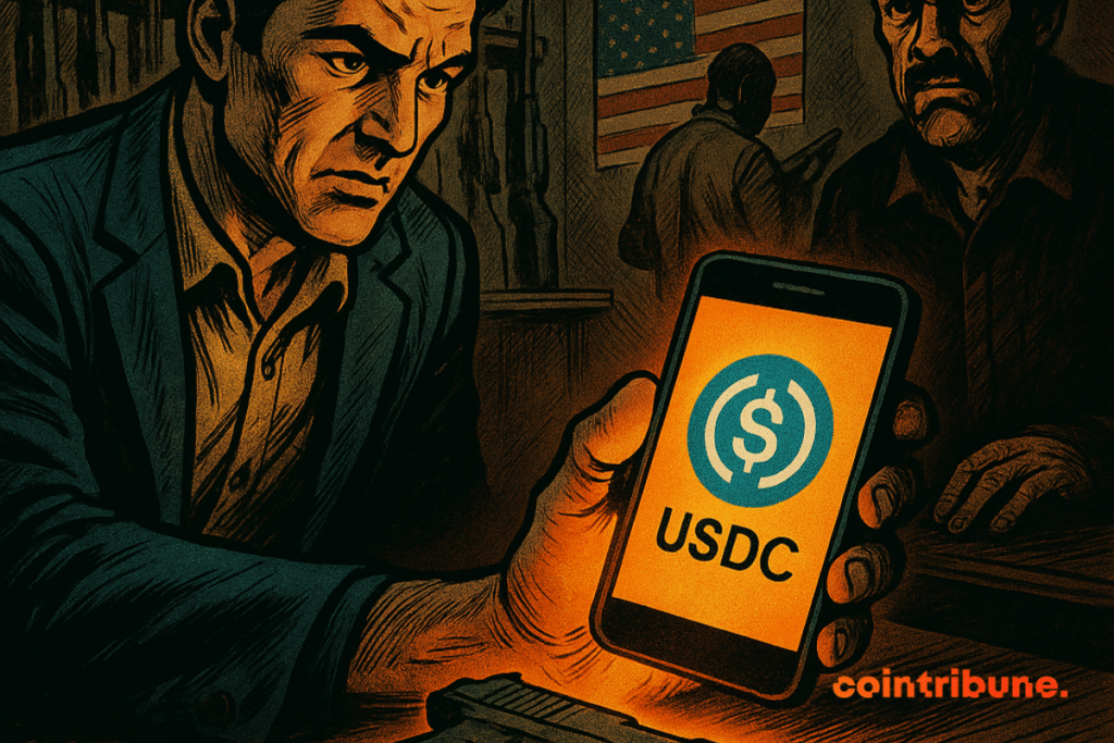 Un homme paie une arme avec USDC, sous le regard inquiet d’un vendeur dans une boutique sombre.