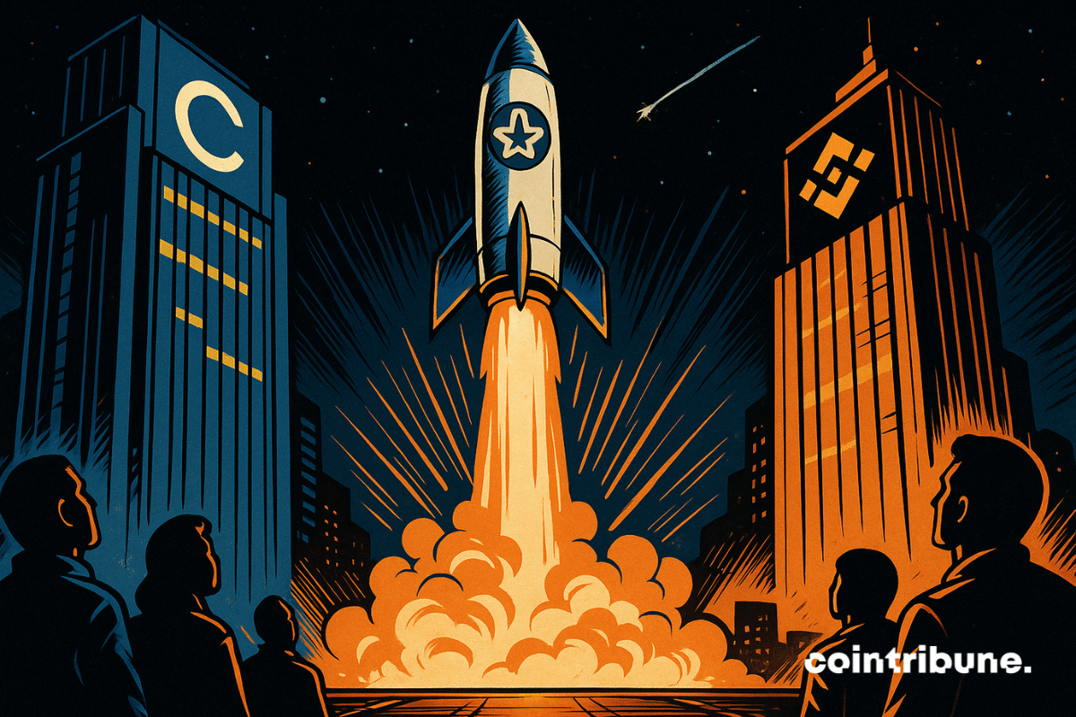 A comic-style rocket with the Aster logo launches skyward between glowing Coinbase and Binance towers under a starry night.