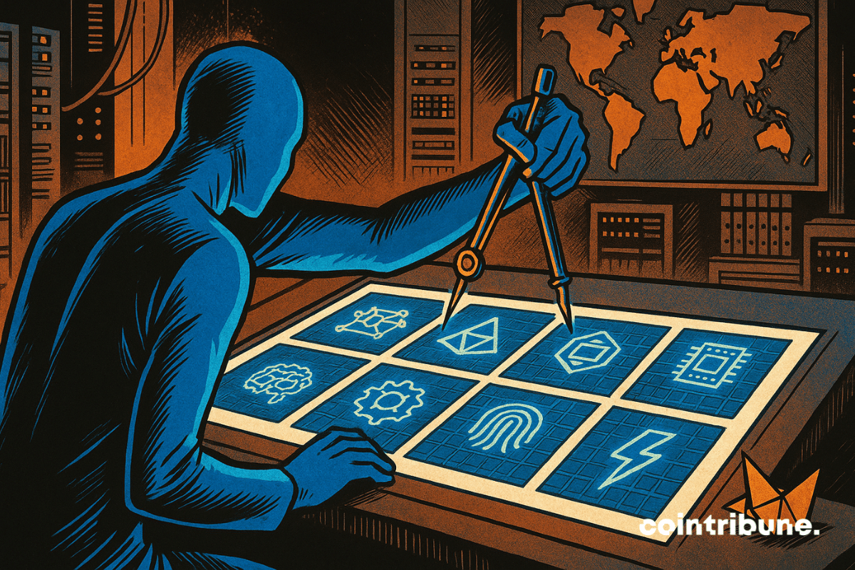 La plateforme Coinbase est représentée comme un architecte contemplant 9 plans technologiques sur une table lumineuse, ce qui symbolise les projets crypto à financer.