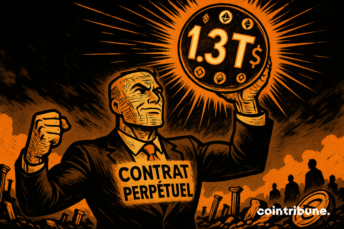 Une créature anthropomorphe symbolisant un « contrat perpétuel » lève triomphalement un globe lumineux (symbolisant le marché crypto) au-dessus de sa tête avec une expression de défi calme et déterminé, un sourire en coin, regard tourné vers l’horizon.