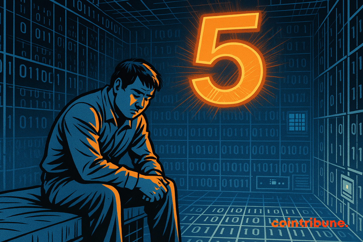 Do Kwon está sentado en un rincón de una celda digital, rodeado de cifras y códigos. El número "5" aparece en el techo, simbolizando su solicitud de reducción de pena tras el colapso del proyecto cripto Terra-Luna.
