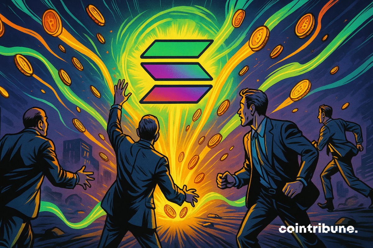 The Solana logo floats at the center, glowing, drawing a continuous stream of energy or crypto coins in a futuristic universe under the gaze of euphoric traders.