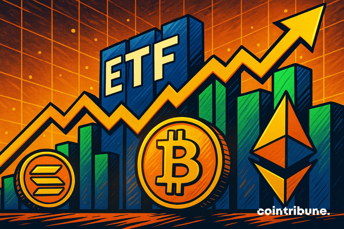 Une scène audacieuse façon bande dessinée montre les icônes de Bitcoin, Ether et Solana brillantes devant des barres d’ETF en hausse, avec une flèche jaune orientée vers le haut, sur un arrière-plan financier dramatique aux tons orange et vert.