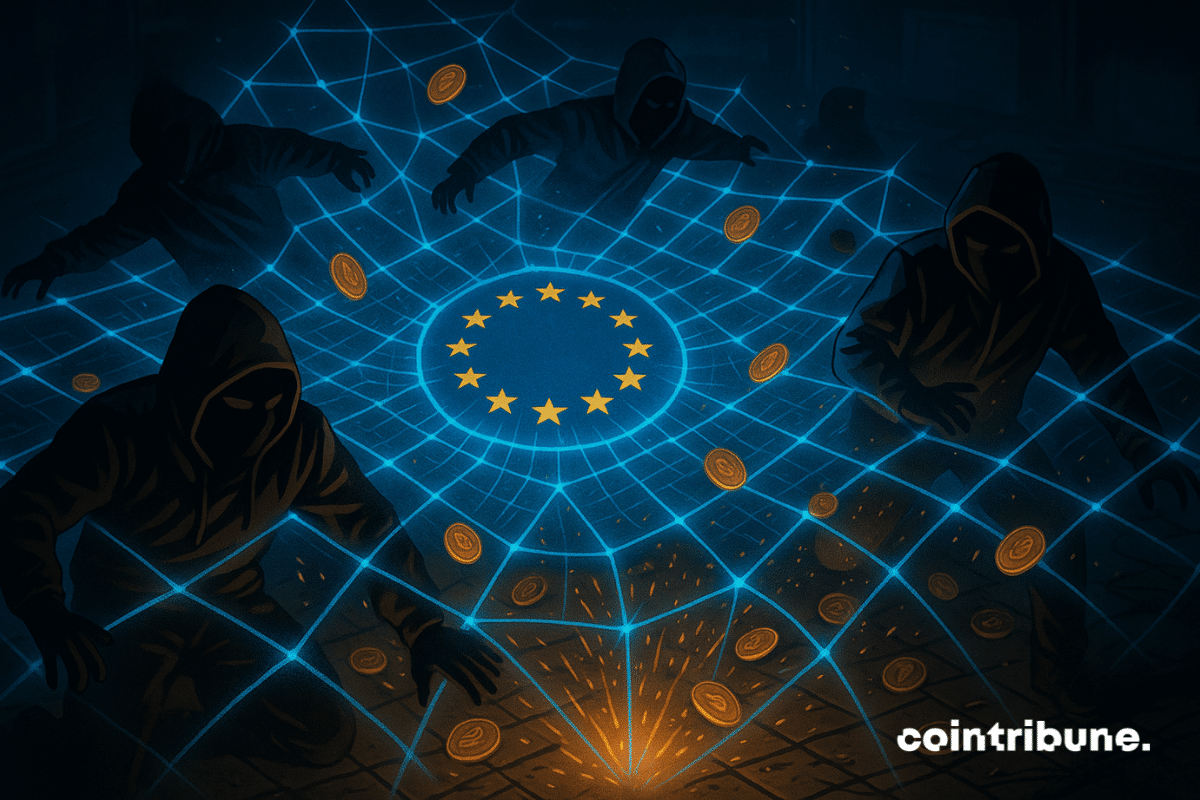 Plusieurs silhouettes encapuchonnées sont piégées dans un gigantesque filet lumineux bleu en forme de code ou blockchain crypto. Le filet porte le symbole de l’Europe.