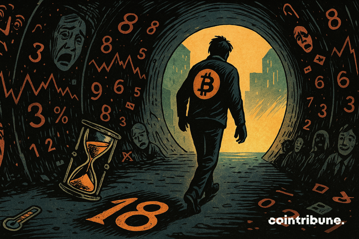 Un trader sort d’un tunnel numérique sombre, le chiffre « 18 » gravé dans un sablier brisé derrière lui, ce qui symbolise la sortie de la zone de peur extrême.