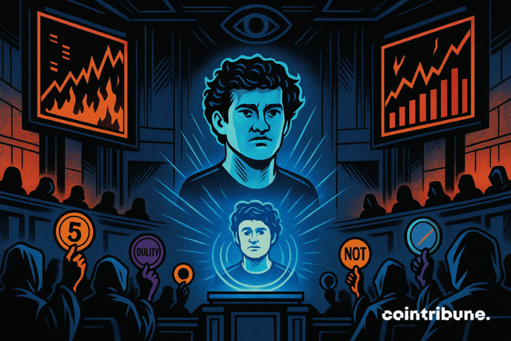 Un busto holográfico de SBF (Sam Bankman-Fried) flota sobre un pedestal tecno-judicial en un tribunal cuya arquitectura recuerda tanto a una corte de justicia como a una sala de operaciones cripto. Su rostro está inmóvil, impasible, como congelado entre la duda o el juicio.