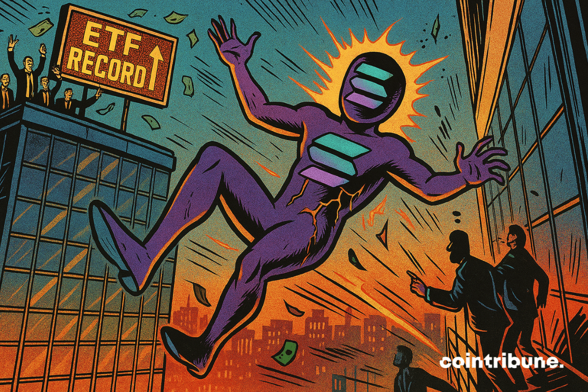 The cryptocurrency Solana (represented by a purple humanoid mascot) is falling from a ledge where a glowing sign reads “ETF RECORD”.