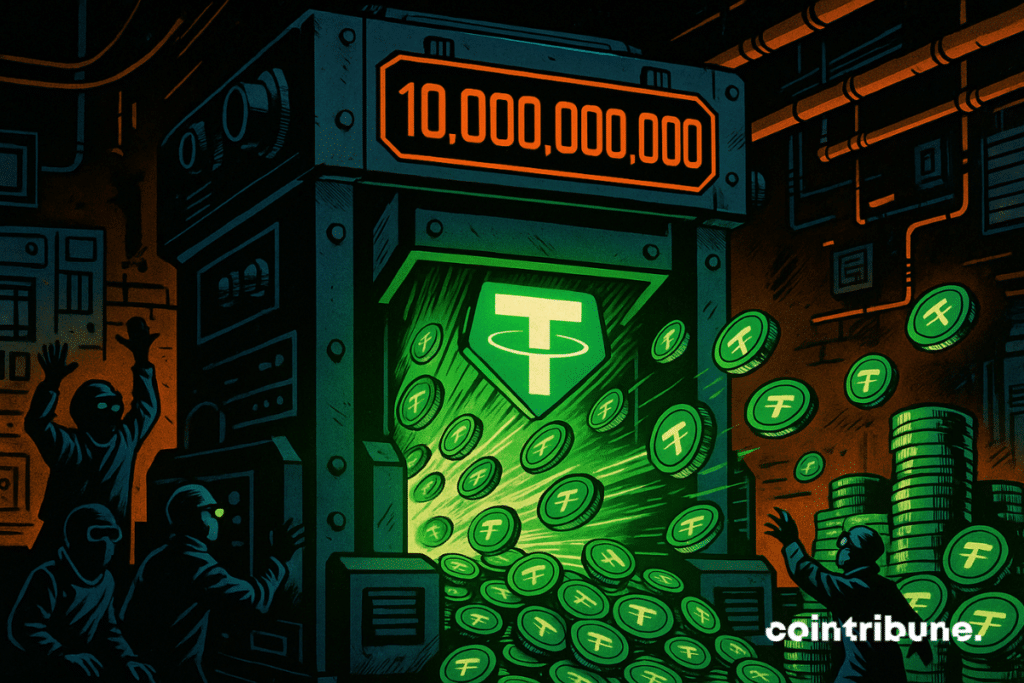 Tether's machine blasts glowing USDT tokens at high speed through a bright front slot, like a printing press. Just above it, a giant digital counter flashes 10,000,000,000 in red/orange, arcade-style crypto terminal interface.